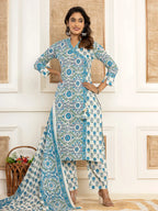 Yufta Turquoise Blue Printed Pure Cotton Straight Kurta Dupatta Set | Grocsy