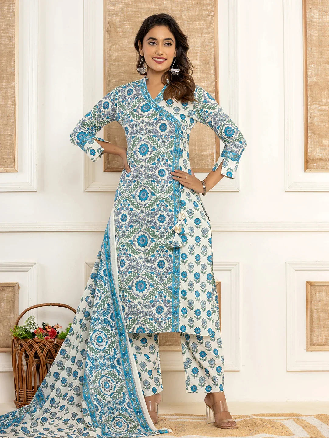 Yufta Turquoise Blue Printed Pure Cotton Straight Kurta Dupatta Set | Grocsy
