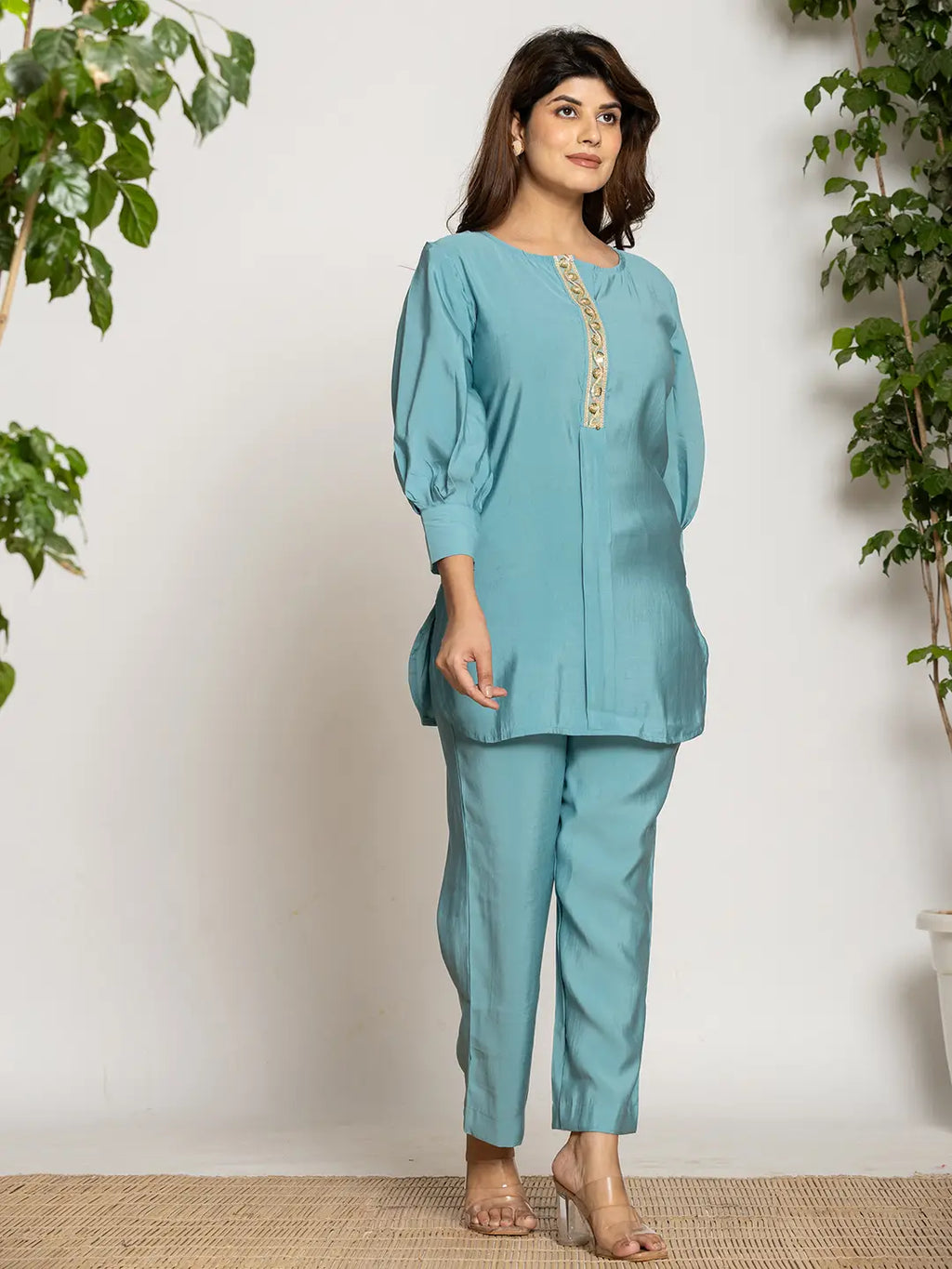 Yufta Turquoise Blue Silk Blend Solid Co-Ord Set | Grocsy