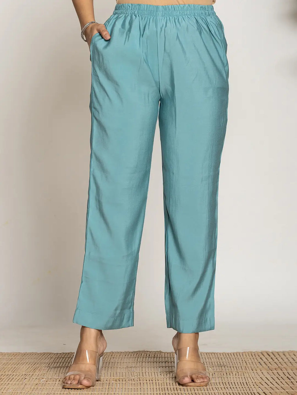 Yufta Turquoise Blue Silk Blend Solid Co-Ord Set | Grocsy