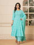 Yufta Turquoise Embroidered Pure Cotton Anarkali Kurta Trouser With Dupatta Set | Grocsy