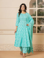 Yufta Turquoise Embroidered Pure Cotton Anarkali Kurta Trouser With Dupatta Set | Grocsy