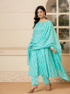Yufta Turquoise Embroidered Pure Cotton Anarkali Kurta Trouser With Dupatta Set | Grocsy