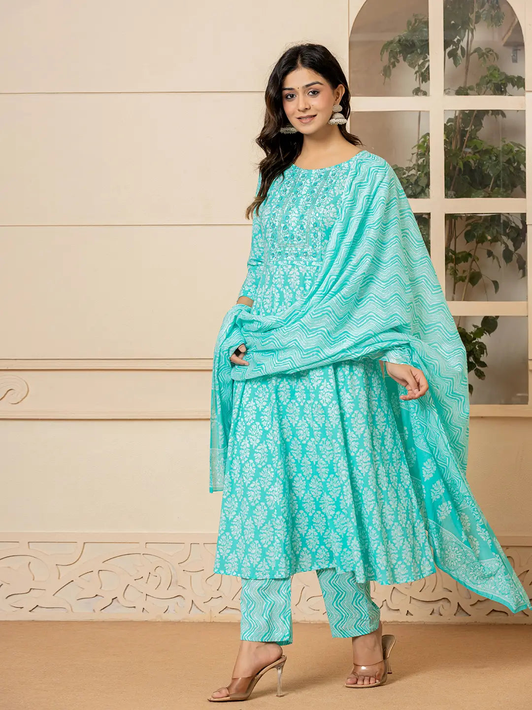 Yufta Turquoise Embroidered Pure Cotton Anarkali Kurta Trouser With Dupatta Set | Grocsy