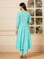 Yufta Turquoise Embroidered Pure Cotton Anarkali Kurta Trouser With Dupatta Set | Grocsy