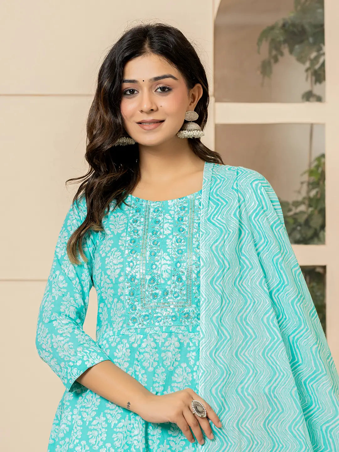 Yufta Turquoise Embroidered Pure Cotton Anarkali Kurta Trouser With Dupatta Set | Grocsy