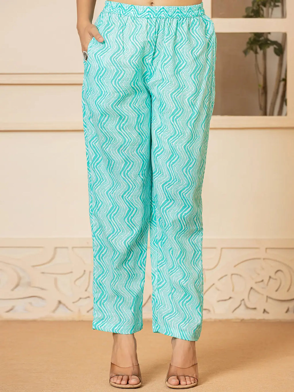 Yufta Turquoise Embroidered Pure Cotton Anarkali Kurta Trouser With Dupatta Set | Grocsy