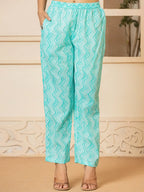 Yufta Turquoise Embroidered Pure Cotton Anarkali Kurta Trouser With Dupatta Set | Grocsy