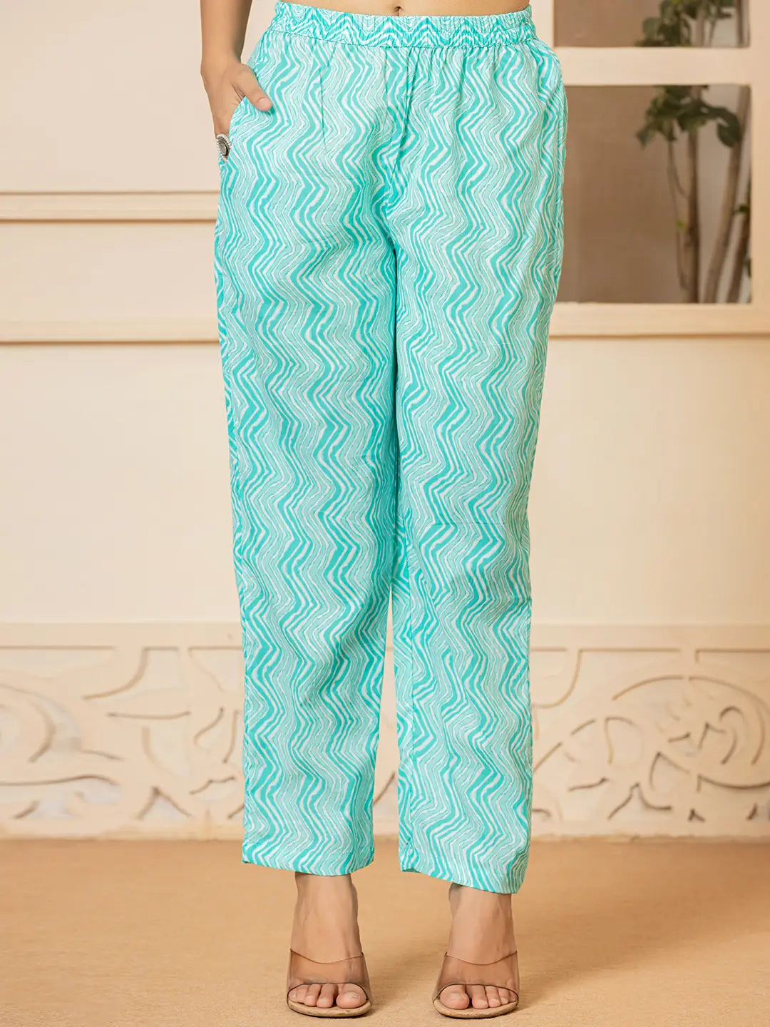 Yufta Turquoise Embroidered Pure Cotton Anarkali Kurta Trouser With Dupatta Set | Grocsy