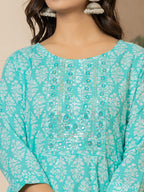 Yufta Turquoise Embroidered Pure Cotton Anarkali Kurta Trouser With Dupatta Set | Grocsy