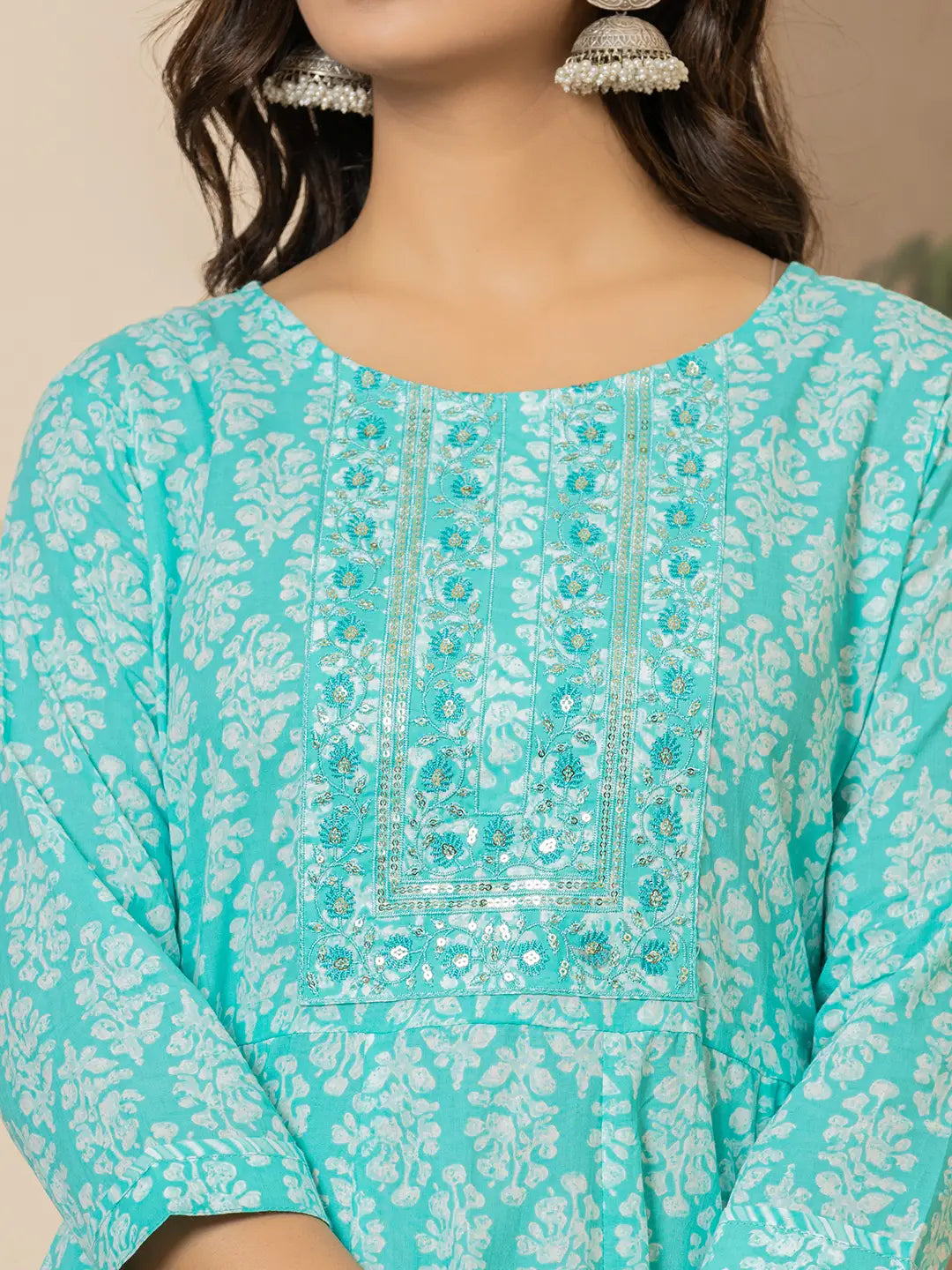 Yufta Turquoise Embroidered Pure Cotton Anarkali Kurta Trouser With Dupatta Set | Grocsy
