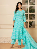 Yufta Turquoise Embroidered Pure Cotton Anarkali Kurta Trouser With Dupatta Set | Grocsy