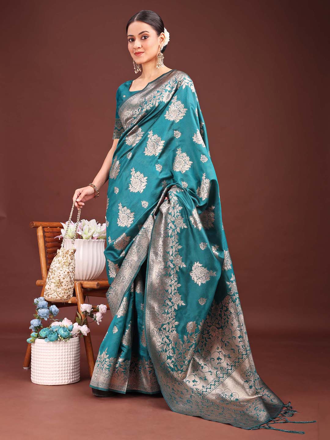 Anaita Turquoise Banarasi Silk Woven Work Saree With Blouse | Grocsy