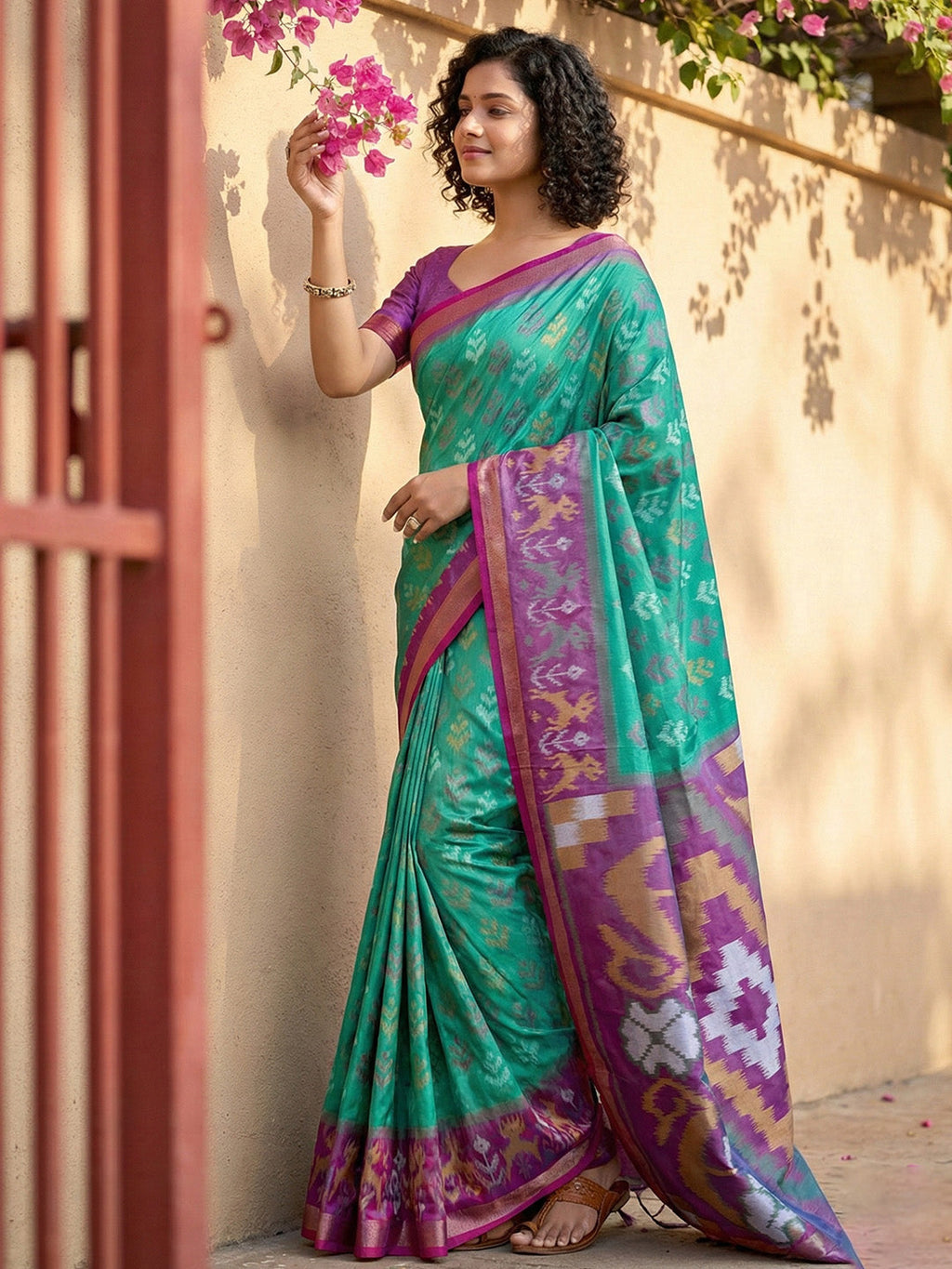 Anaita Turquoise Pochampally Printed Saree With Blouse | Grocsy