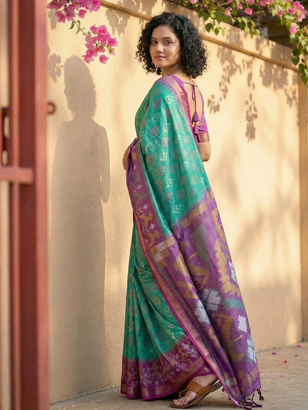 Anaita Turquoise Pochampally Printed Saree With Blouse | Grocsy