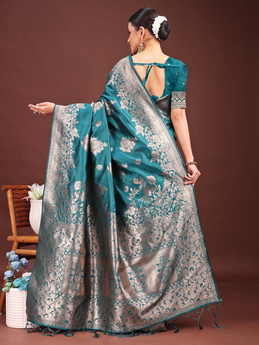 Anaita Turquoise Banarasi Silk Woven Work Saree With Blouse | Grocsy