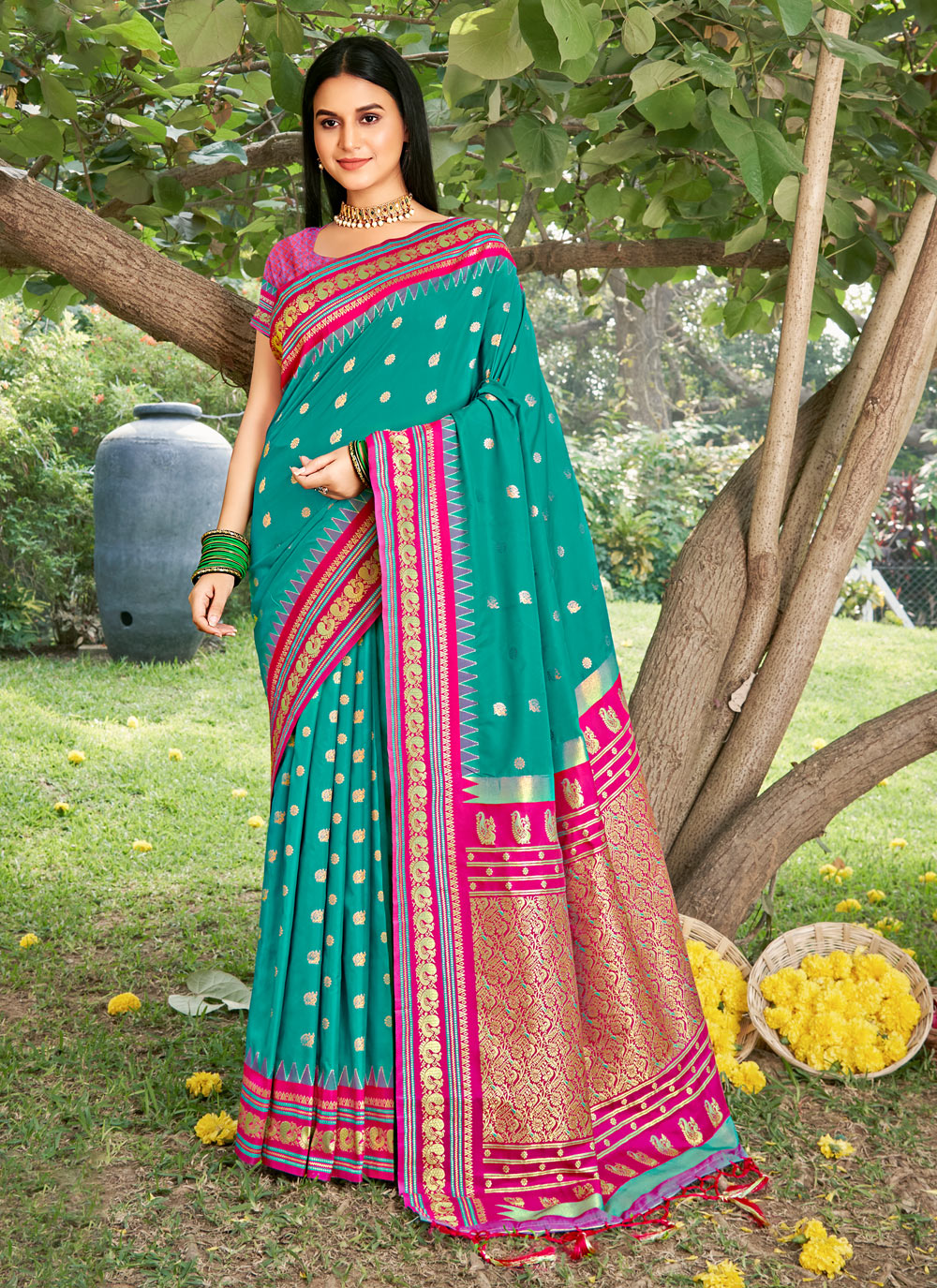 Anaita Turquoise Silk Saree With Blouse Piece | Grocsy