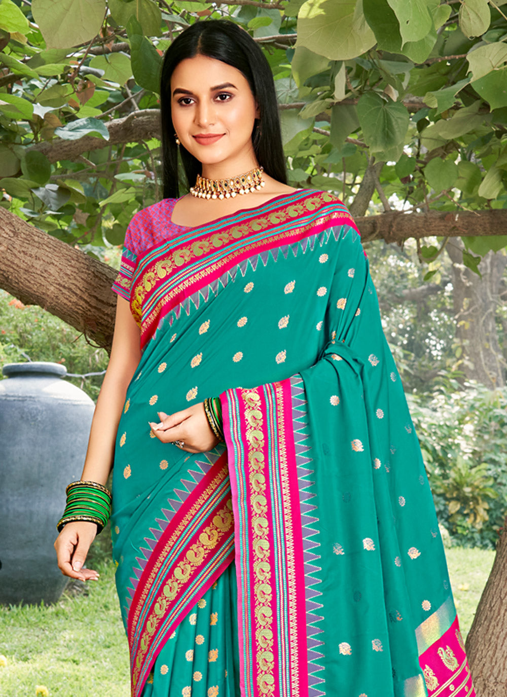 Anaita Turquoise Silk Saree With Blouse Piece | Grocsy