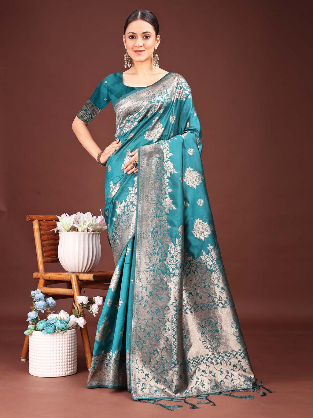 Anaita Turquoise Banarasi Silk Woven Work Saree With Blouse | Grocsy