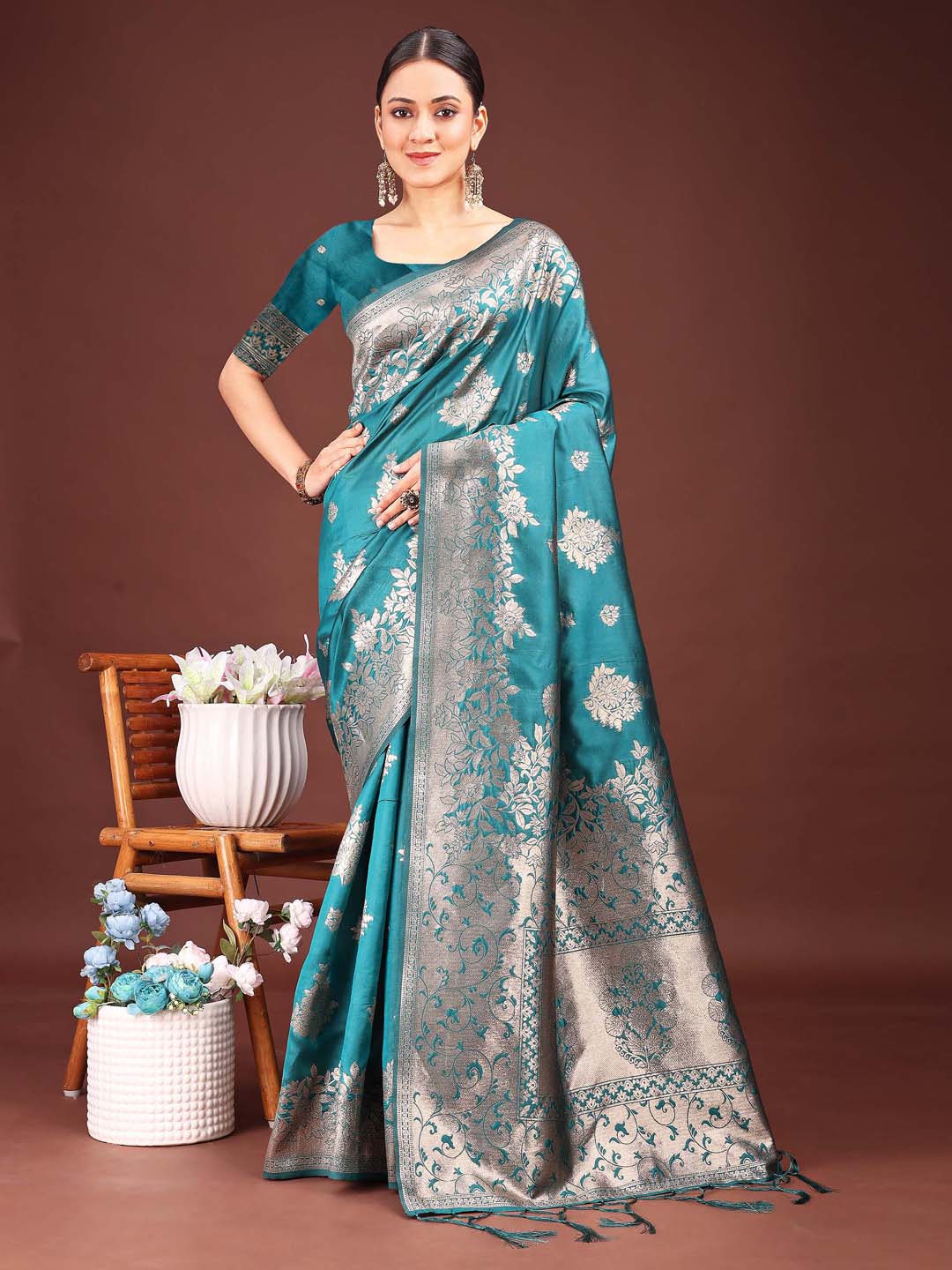 Anaita Turquoise Banarasi Silk Woven Work Saree With Blouse | Grocsy
