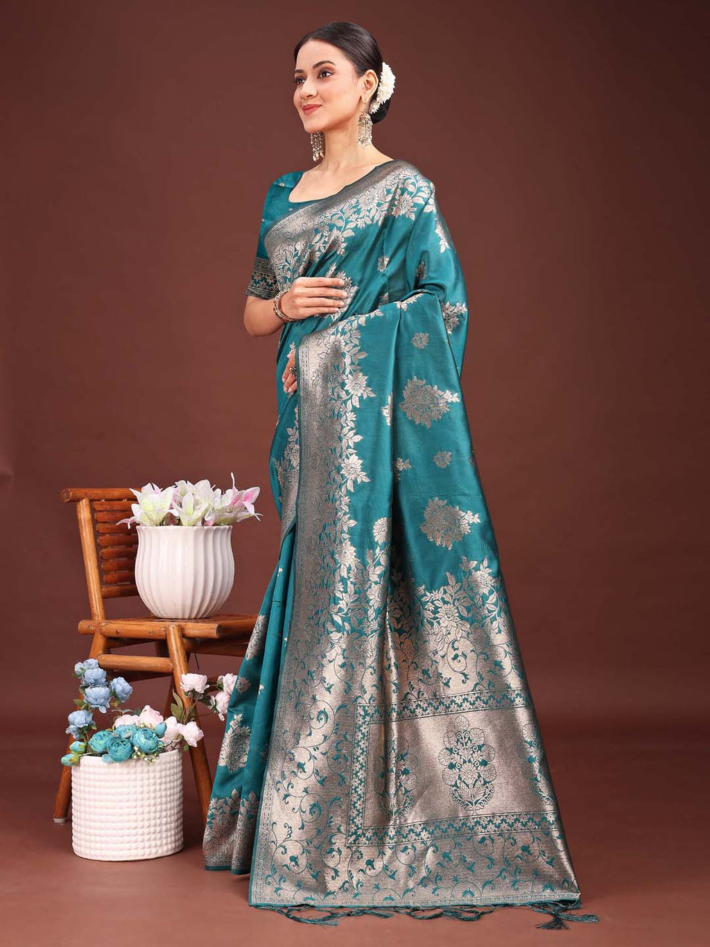 Anaita Turquoise Banarasi Silk Woven Work Saree With Blouse | Grocsy
