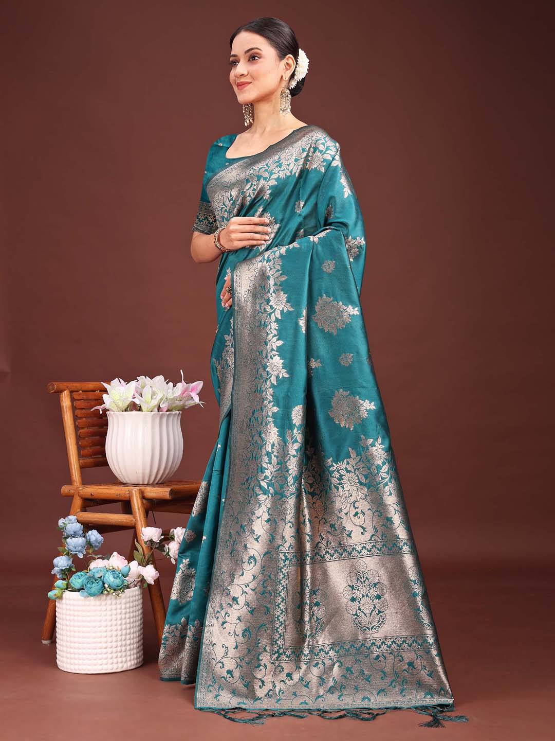Anaita Turquoise Banarasi Silk Woven Work Saree With Blouse | Grocsy