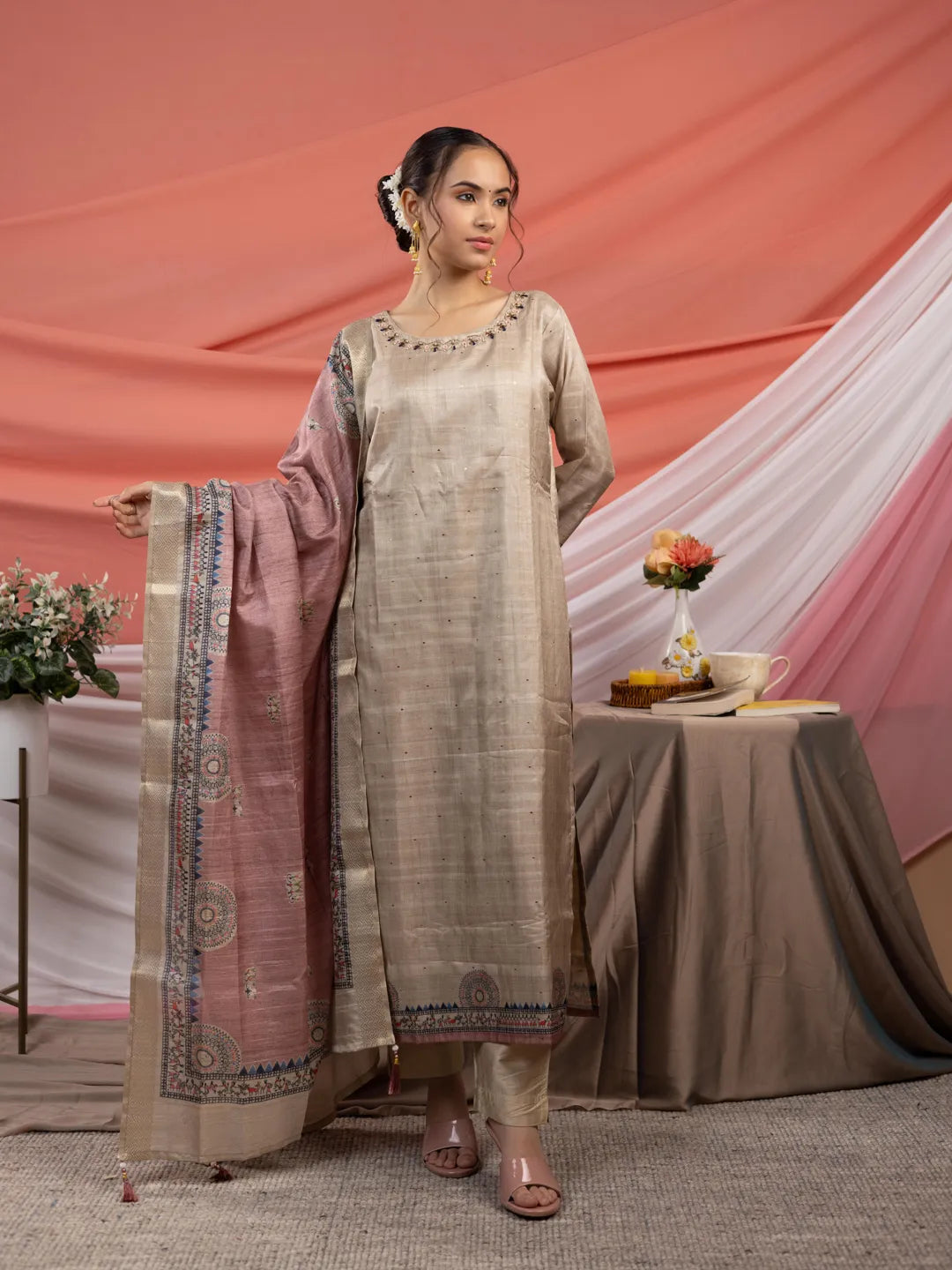 Yufta Tussar Silk Beige Kurta Dupatta Set | Grocsy
