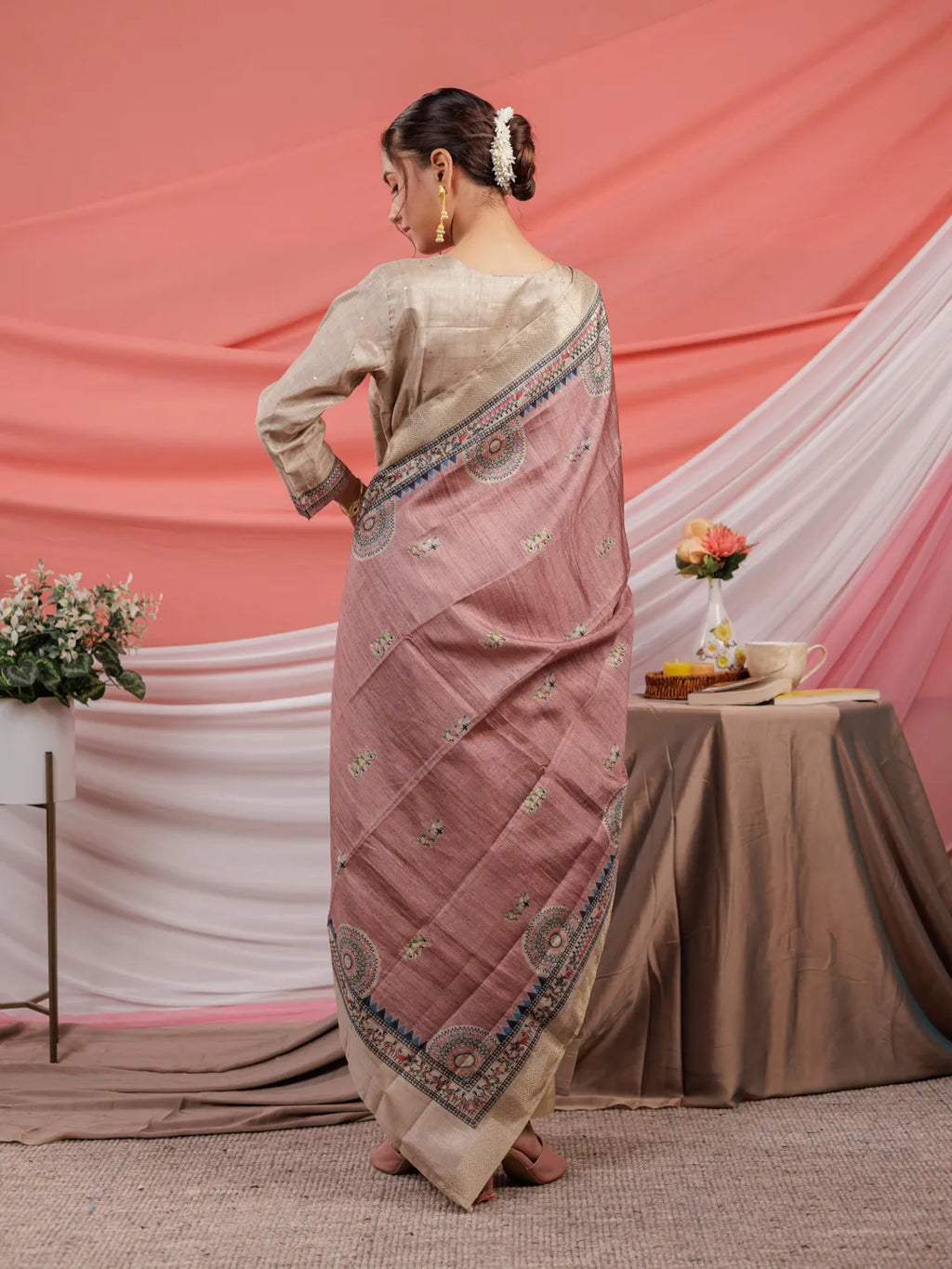 Yufta Tussar Silk Beige Kurta Dupatta Set | Grocsy