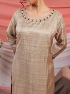 Yufta Tussar Silk Beige Kurta Dupatta Set | Grocsy