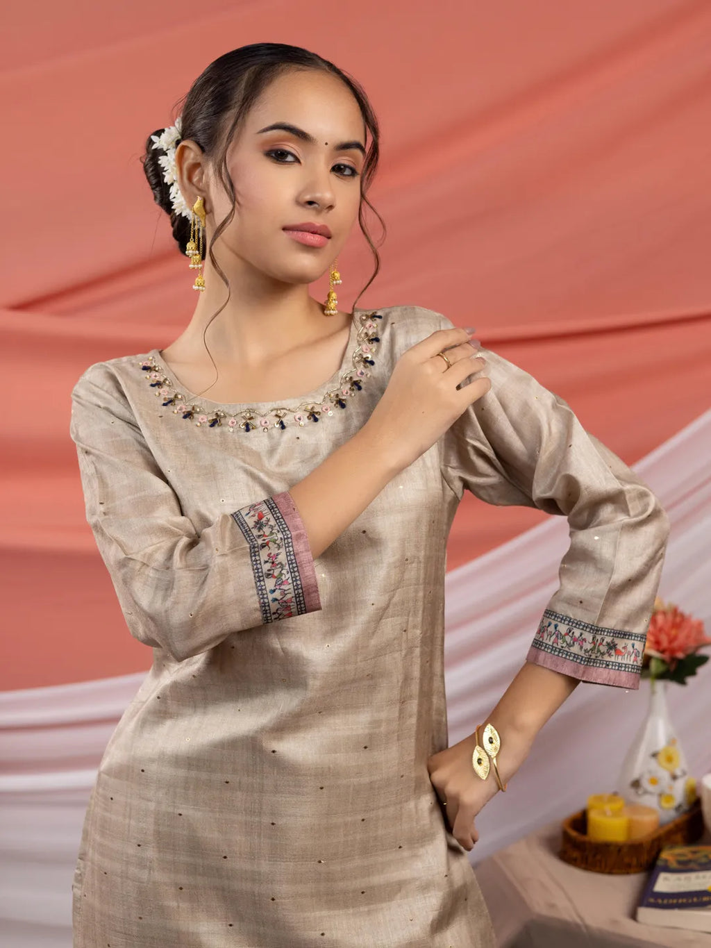 Yufta Tussar Silk Beige Kurta Dupatta Set | Grocsy