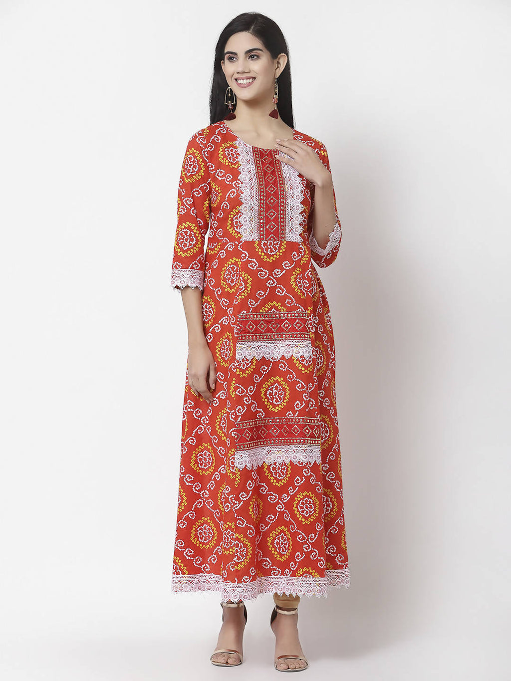 Myshka Women's Pure Cotton Round Neck Printed 3/4 Sleeve Dress | Grocsy