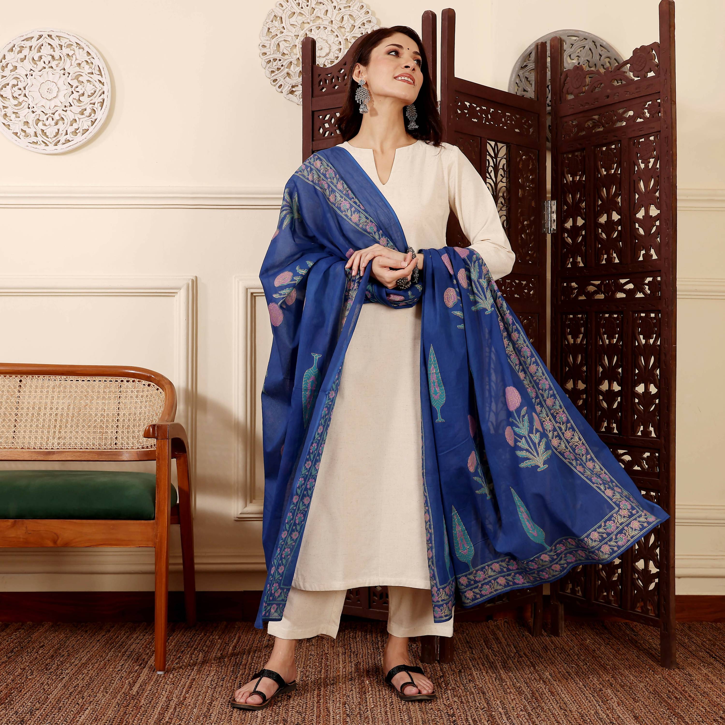 The52 Women's Gorgeous Solid Chanderi Silk Fabric Straight Kurta Pant and Dupatta Set-Off White | Grocsy