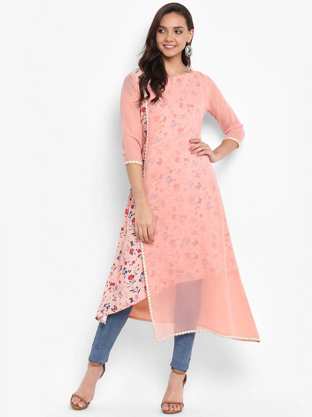 Janasya Women Pink Floral Print A-Line Kurta | Grocsy