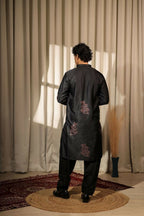 Black Greek Satin Designer Embroidery Work Kurta Set - Mahotsav | Grocsy