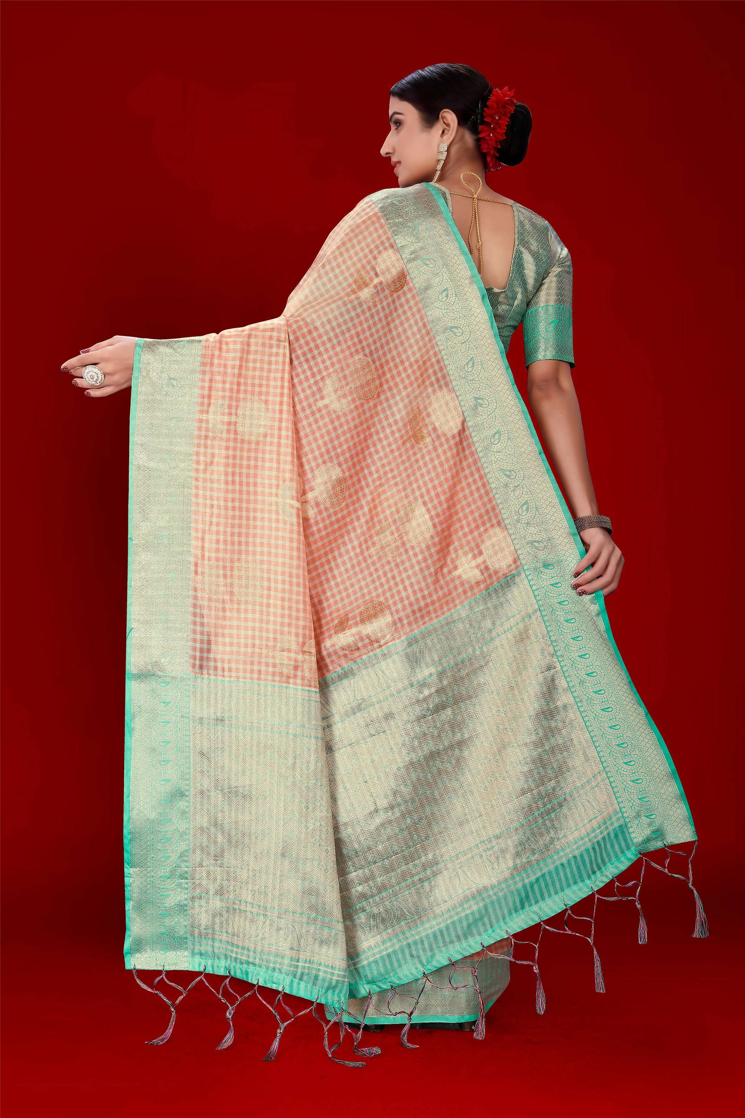Orange Soft Organza Woven Design Saree With Unstitched Blouse Piece - Zaara | Grocsy