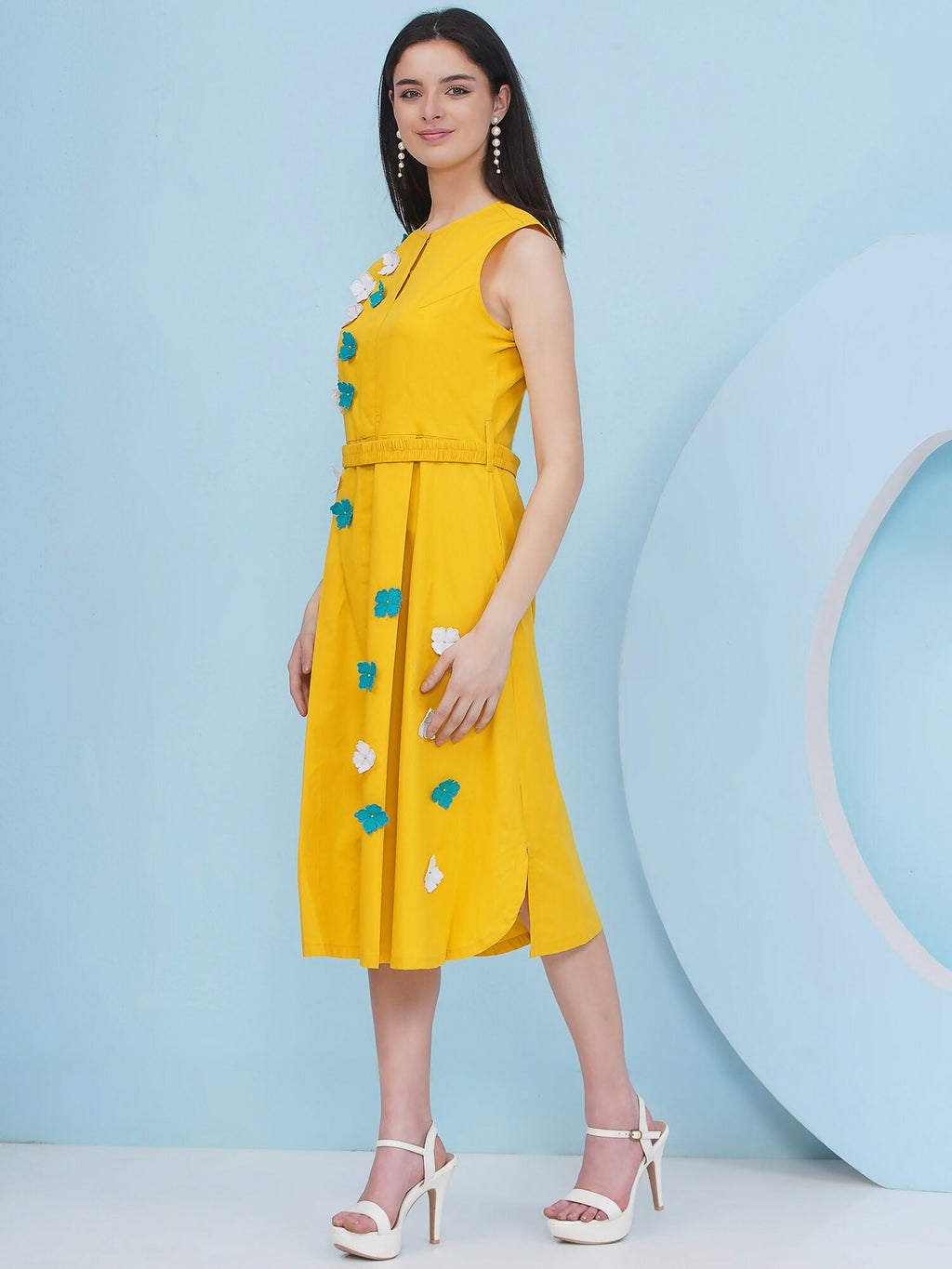 Joban Fashion Yellow Dress with 3D Flower Embroidery and Belt | Grocsy