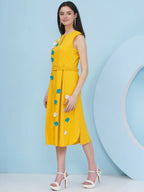 Joban Fashion Yellow Dress with 3D Flower Embroidery and Belt | Grocsy