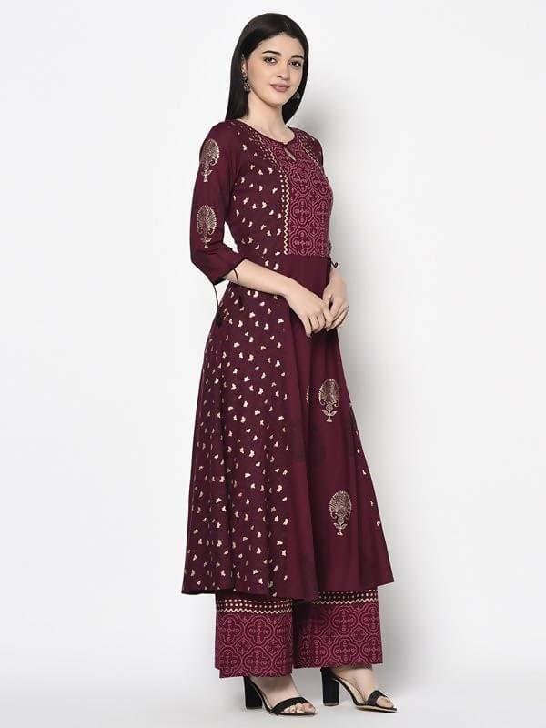 Aniyah Rayon Wine Color Block Print Anarkali Palazzo Set (AN-171K) | Grocsy