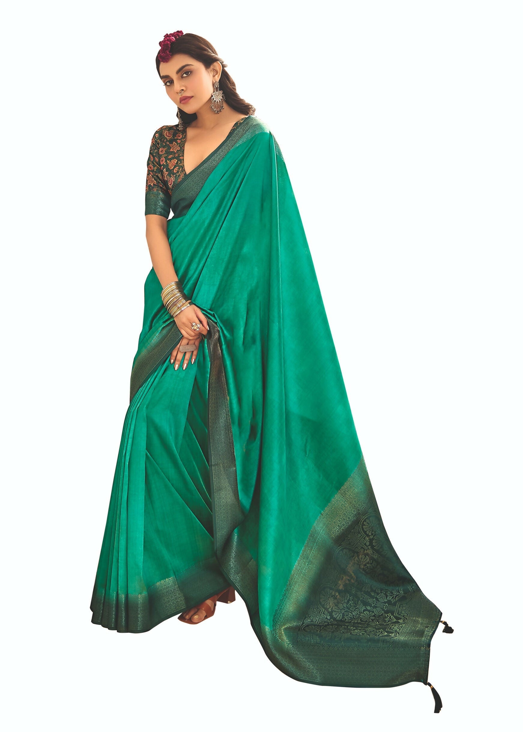 Joban Fashion Satin Silk With Zari Border Green Colored Designer Pallu Saree | Grocsy