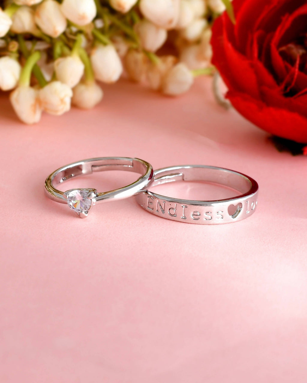 VOJ Stainless Steel Cubic Zirconia Silver Plated Adjustable Ring Set for Couple | Grocsy