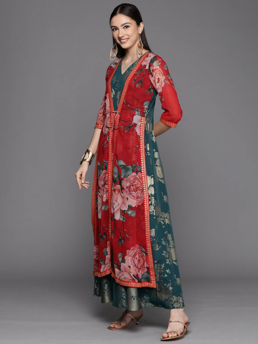 Ahalyaa Women's Green Crepe Gold Smoke Printed Dress | Grocsy