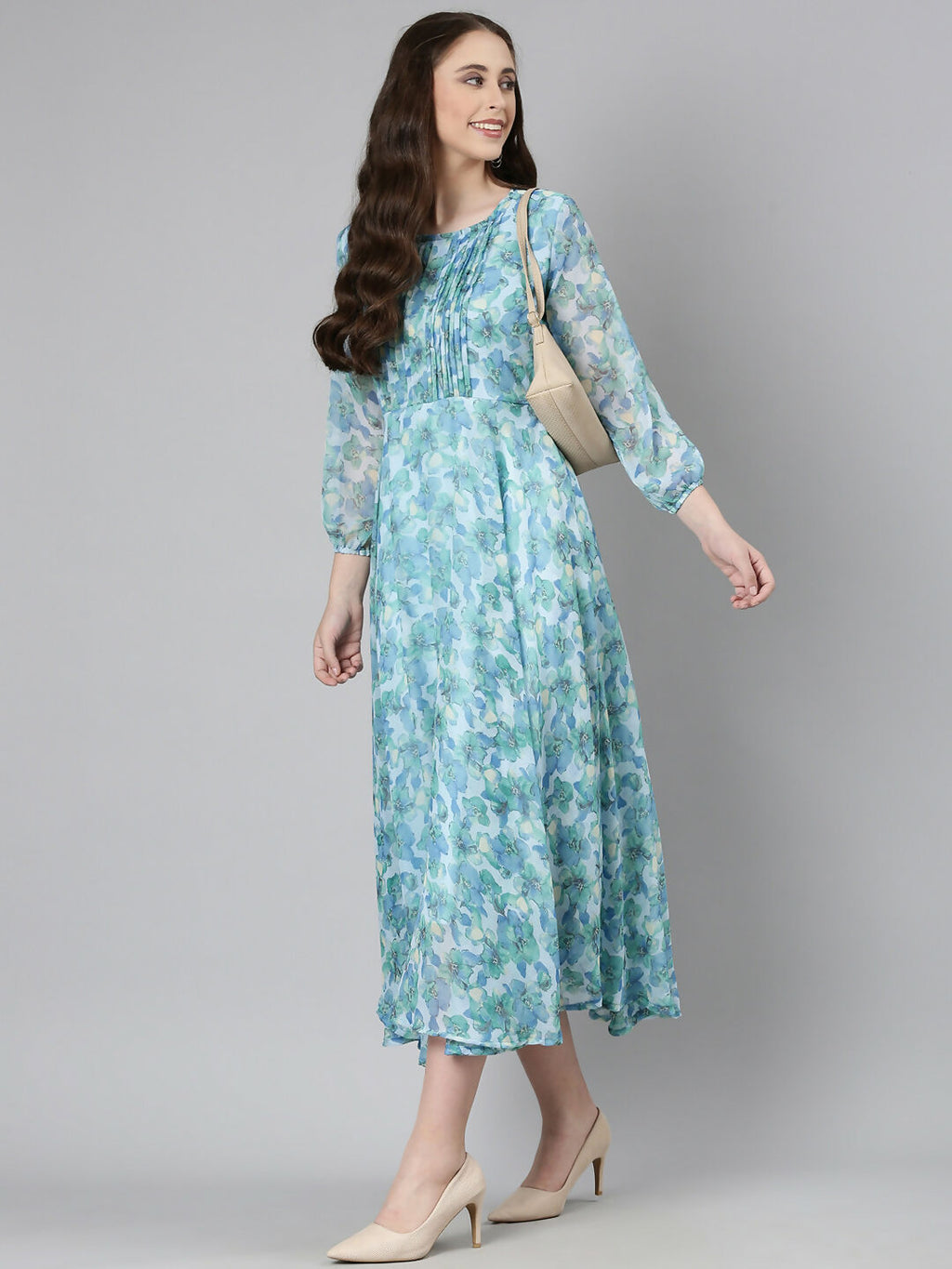 Souchii Blue Floral Chiffon Maxi Dress | Grocsy