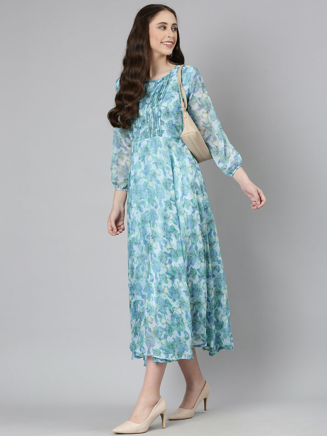 Souchii Blue Floral Chiffon Maxi Dress | Grocsy