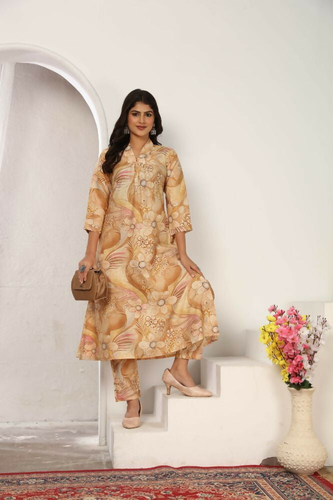 Jyoti Fashion Women's Beige Chanderi Silk Floral Print with Side Pocket Kurtis & Sets | Grocsy