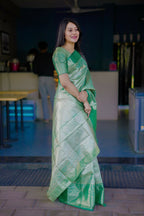Prime Volt Bridal Kanchipuram Silk Saree with Rich Zari Weaving & Contrast Border-Green | Grocsy