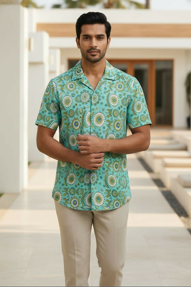Medallion — Teal Ajrakh Cotton Shirt by Hilo Design | Grocsy
