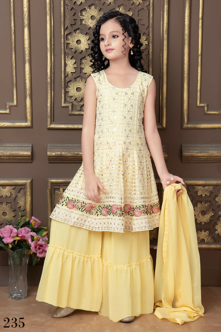 Kids Wedding Designer Yellow Faux Georgette Sharara Suit - Aaradhna | Grocsy