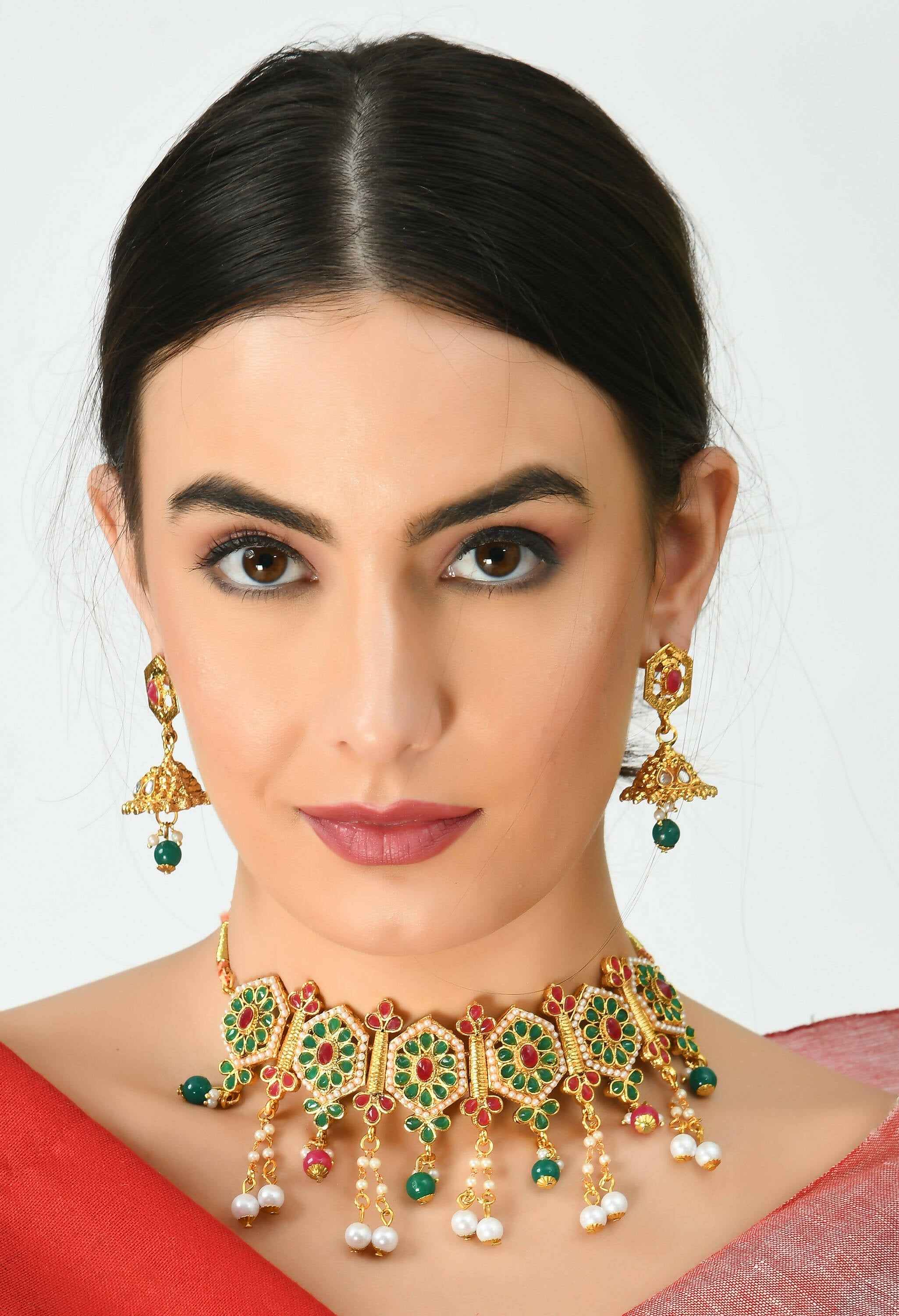 Mominos Fashion Johar Kamal Women Gold-Polished Brass Finish Meena & Pearls Work Choker | Grocsy