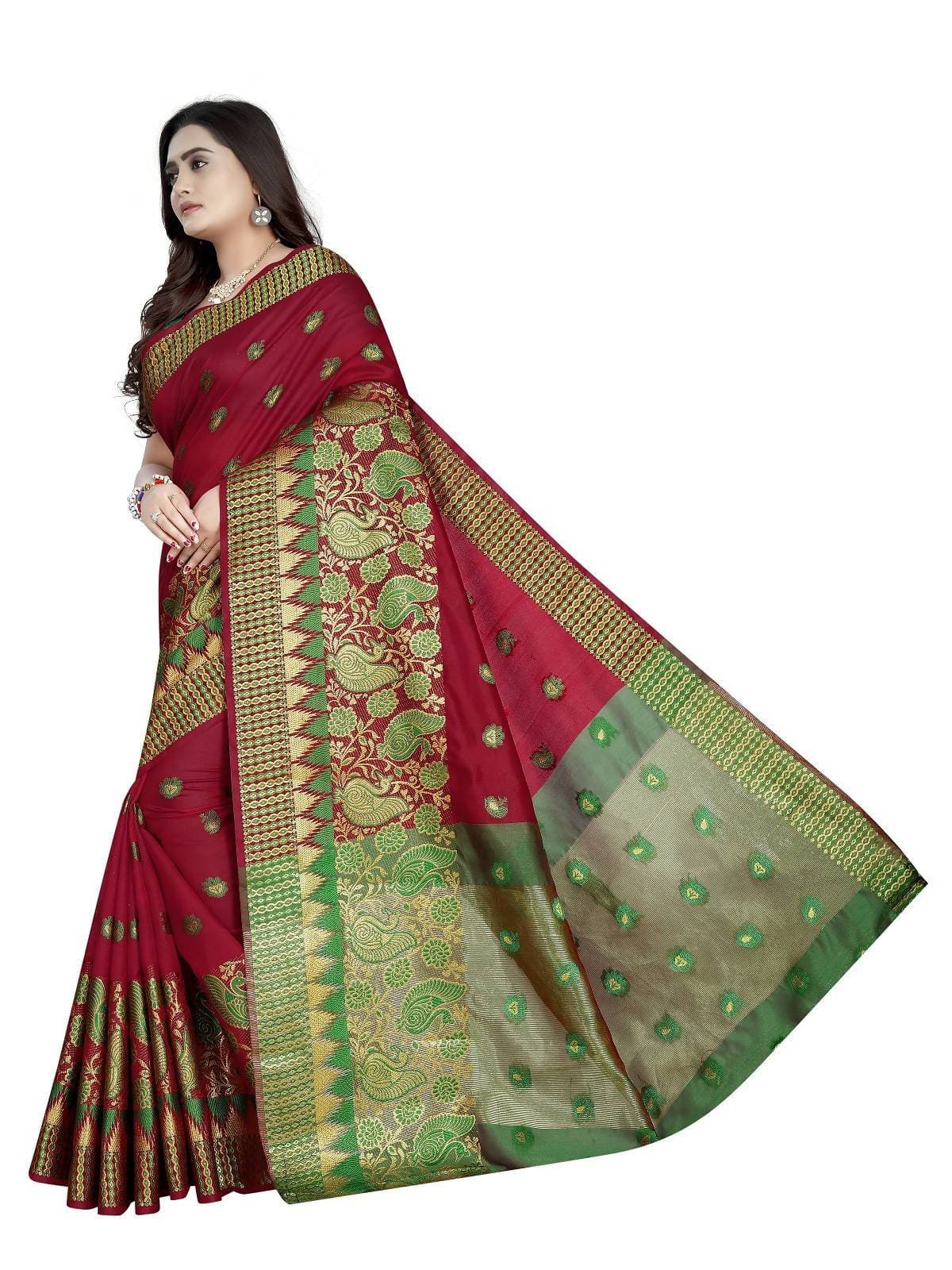 Vamika Banarasi Jaquard Red Weaving Saree With Green Blouse | Grocsy