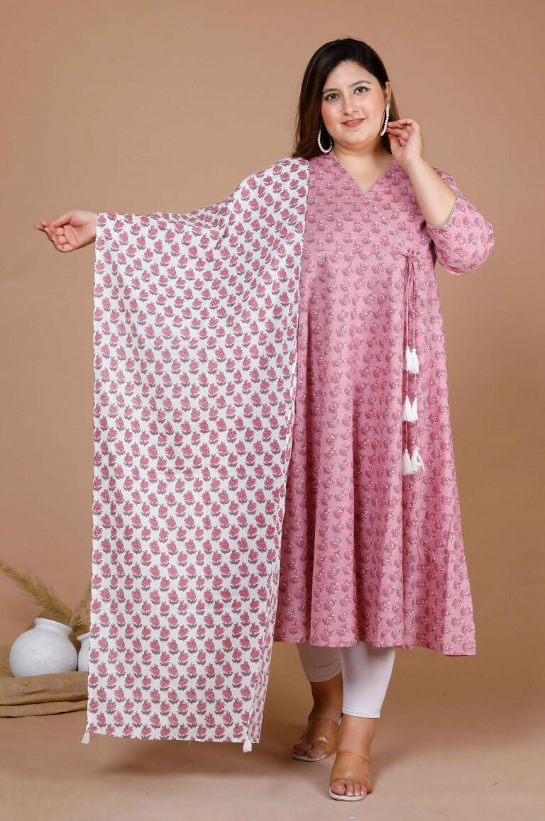 Miravan Women's Plus Size Pink Floral Printed Cotton Anarkali Kurta With Dupatta | Grocsy